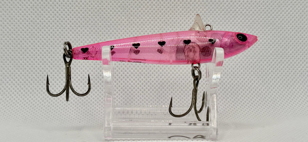 Rolling Bait 77 – reverse angle showing black heart pattern, transparent body, line tie and both trebles