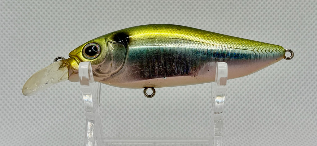 Megabass Flap Slap – three-quarter head view showing large gold eye, olive head, holographic scale detail and bib