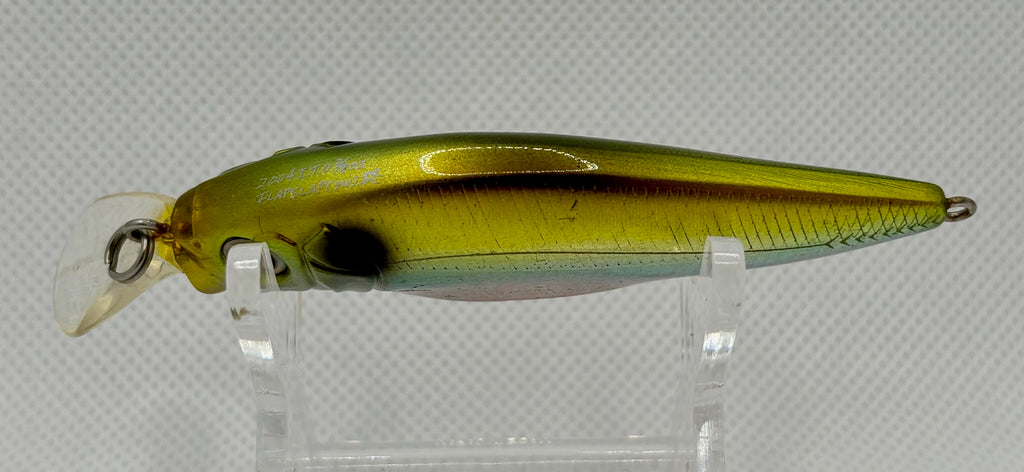 Megabass Flap Slap – side profile showing Flapslap body marking, olive/gold back and holographic silver flanks