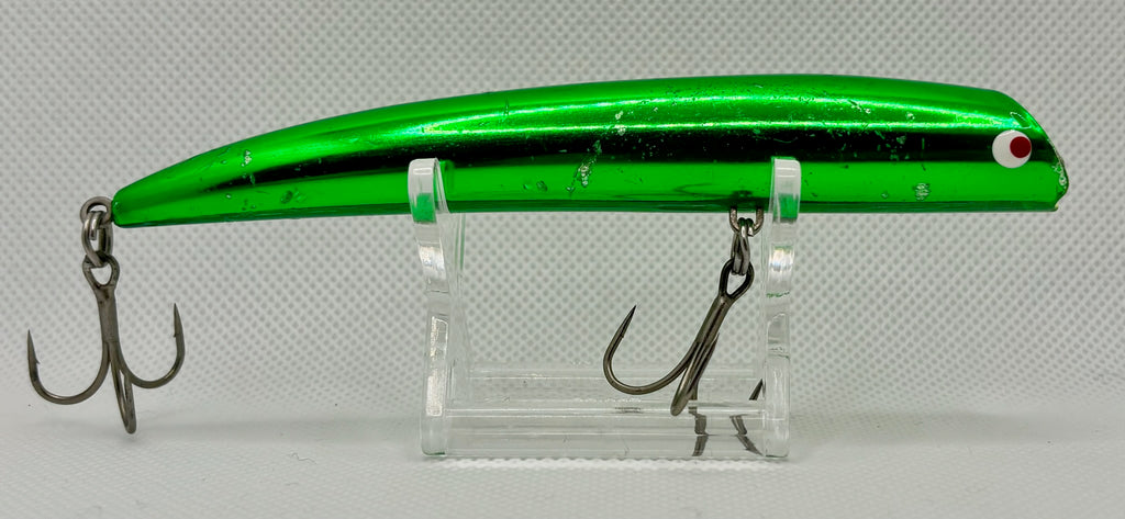 Tackle House TKLM 120 – three-quarter view showing chrome green finish, red eye and hook rash detail on flanks