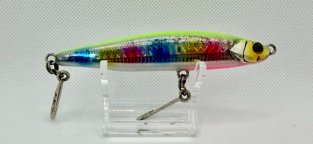 Maria Big Backer Stickbait – reverse side showing full rainbow holographic body and chartreuse back