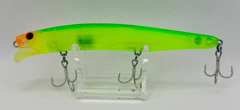 Feed Popper 128mm Ghost Chartreuse – side A showing translucent chartreuse body with orange head and treble hooks