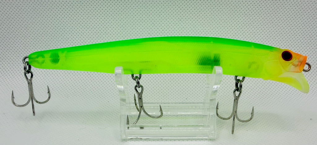 Feed Popper 128mm – reverse side showing full translucent ghost chartreuse body profile