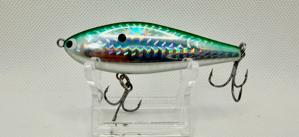 PDG 80mm Green Mackerel holographic stickbait – side A showing iridescent green and silver body with treble hooks