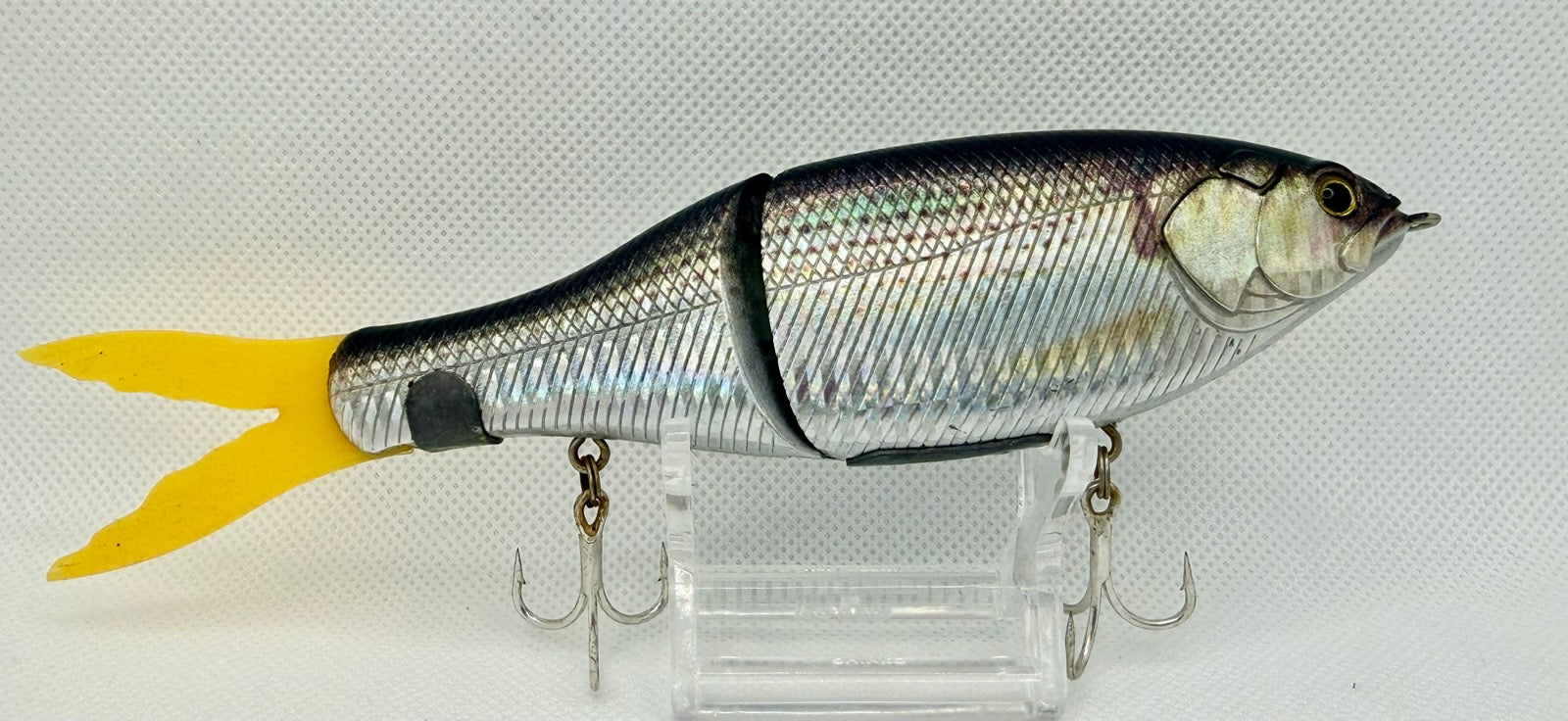 Japanese imported jointed swimbait – reverse side showing full silver body profile and articulated joint