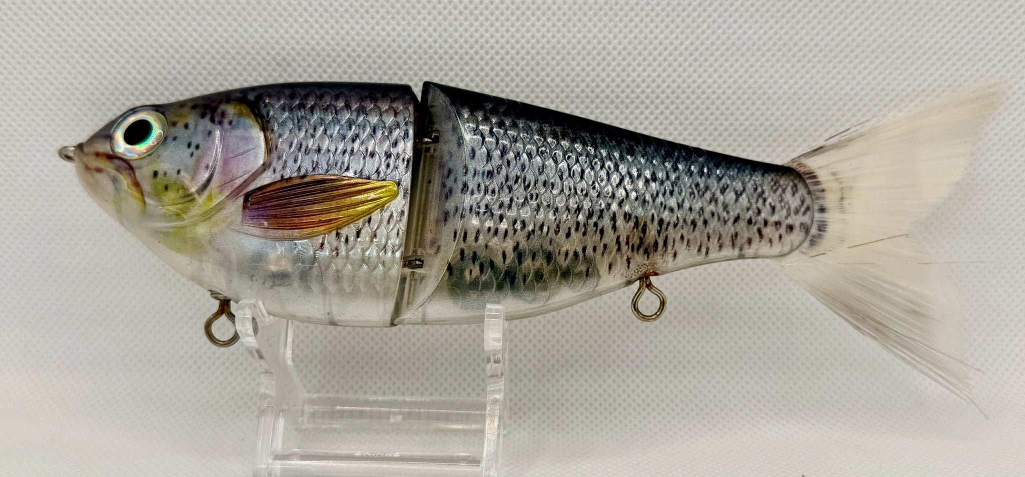 Japanese imported jointed swimbait 140mm Natural Silver Baitfish – side A showing detailed scale pattern, 3D eye, gill plate and soft clear tail