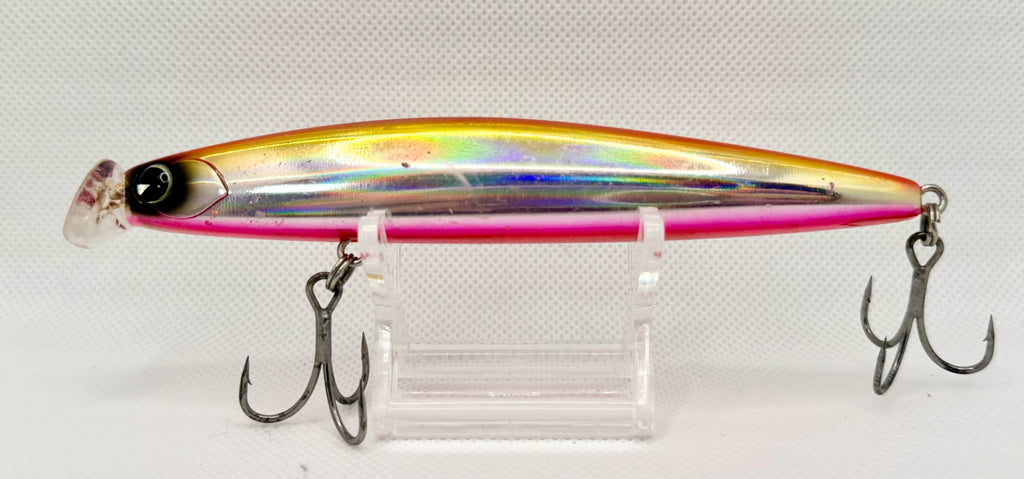 ima Kosuke 130F floating minnow in Pink Gold Chrome – side A showing holographic gold and pink body with treble hooks