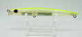 Daiwa Morethan Lazy Slim S-LV floating pencil Chartreuse Ghost – side A showing chartreuse back, translucent pearl body and red eye