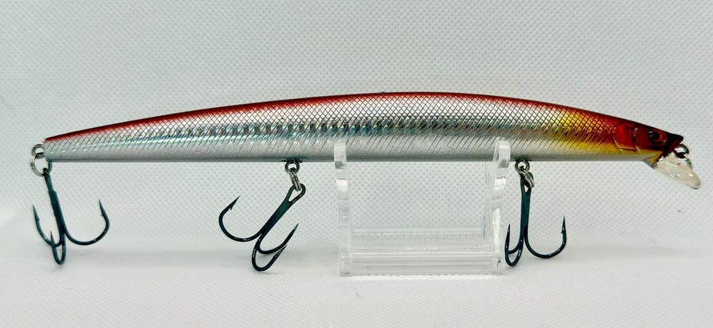 Japanese Long Cast Minnow 170mm Red Head Silver Scale – reverse side with premium trebles