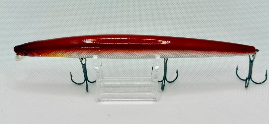 Japanese Long Cast Minnow 170mm – deep red colourway side view with trebles