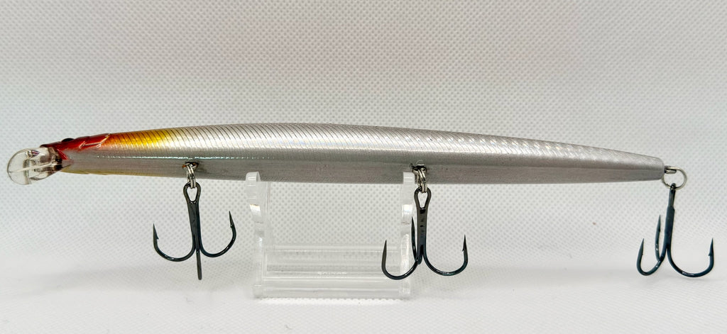 Japanese Long Cast Minnow 170mm – pearl silver red head colourway side view with trebles
