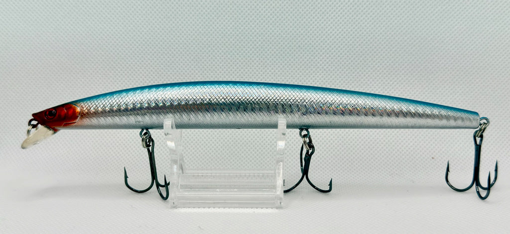 Japanese Long Cast Minnow 170mm Blue Sardine – side view with red head and premium trebles