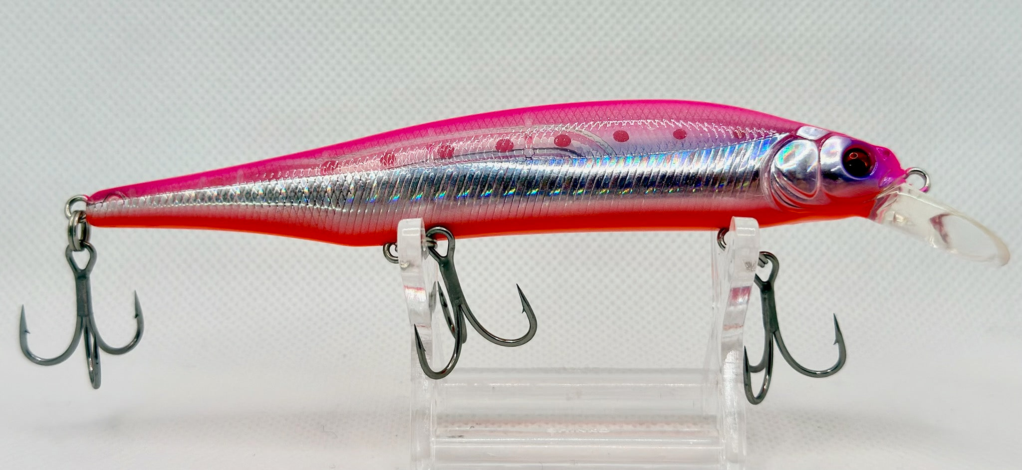 Y.K. Lure X-90 Long Minnow 115mm Pink Chrome – reverse side with hooks