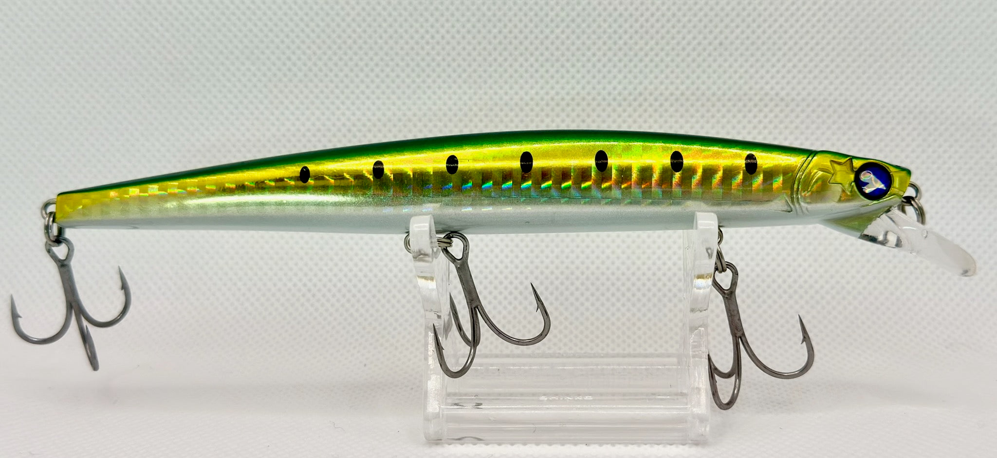 Blue Blue Blooowin! 140S 140mm Green Gold Sardine – reverse side with hooks